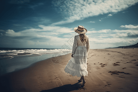 美丽的女人海边散步图片