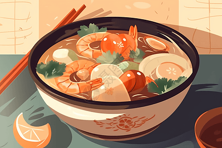 海鲜粥的卡通平面插图图片