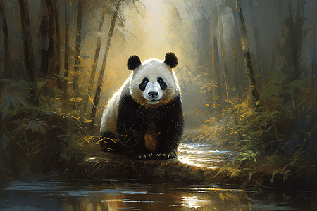 顽皮的熊猫的油画图片