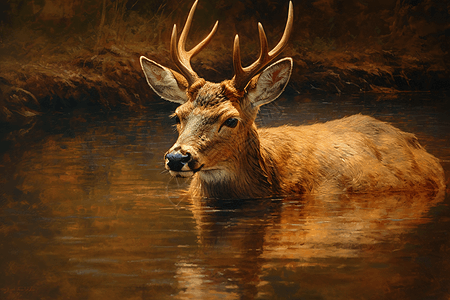 野外水中的鹿图片