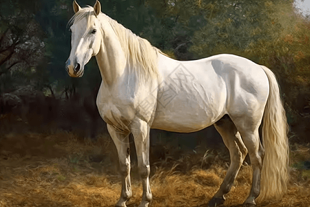 一幅美丽白马的油画图片