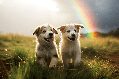 在草地上两只小狗在嬉戏背景