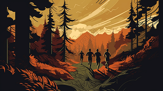 一群奔跑的人在森林里跑步的人插画
