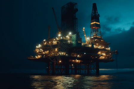 夜晚海上石油开采平台背景图片