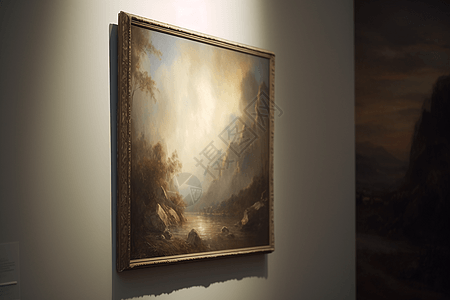 油画挂在画廊的墙上图片