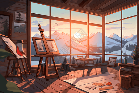 有着雪山日落美景的画室图片