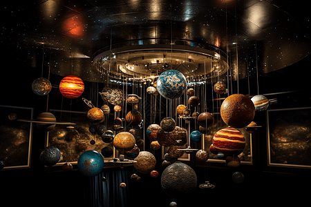 天文博物馆里悬挂在墙上的太阳系模型图片