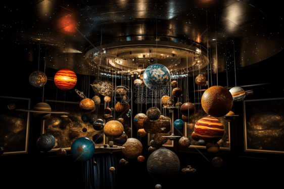天文博物馆里悬挂在墙上的太阳系模型图片