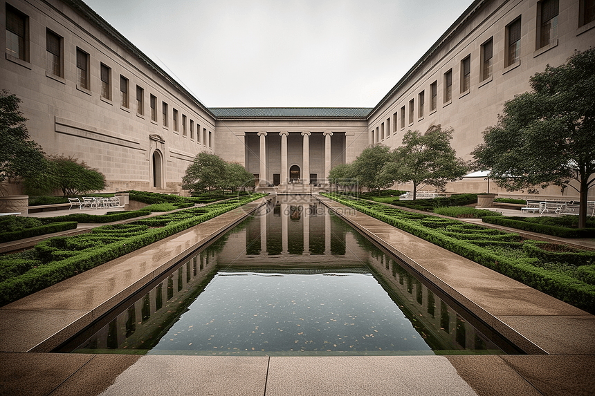庭院内博物馆倒影池的平静景色图片