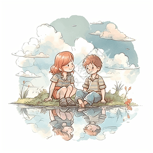 女孩和男孩在池塘边图片