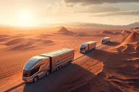 无人驾驶卡车在广阔的沙漠中图片