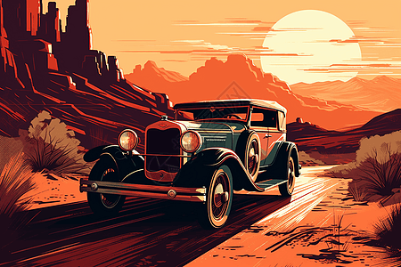 老式汽车沿着沙漠道路行驶图片