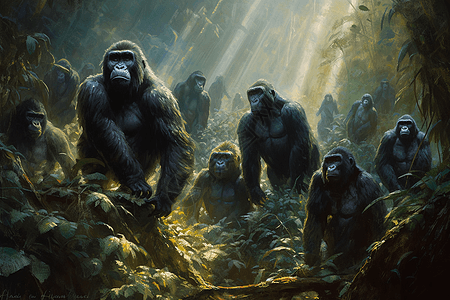 森林中一群黑猩猩图片
