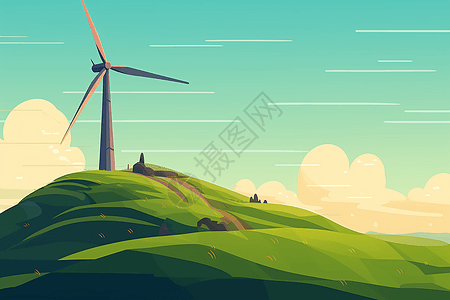 一个风力涡轮机高高耸立在绿色山顶图片