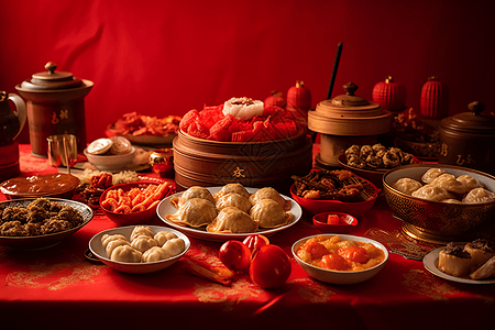 桌子上摆满了传统的农历新年菜肴图片