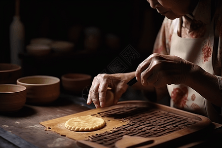 做月饼女人将馅料包进面饼背景