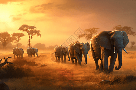 草原里行走的大象图片