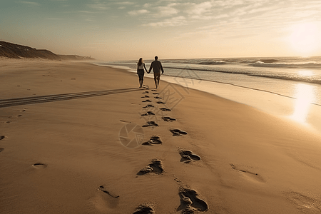 沙漠黄昏黄昏的海边散步的恋人背景