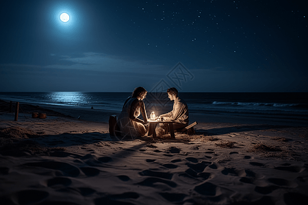 沙滩野餐恋人夜间野餐背景