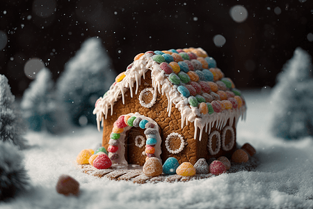 彩色软糖糖屋顶的姜饼屋高清图片