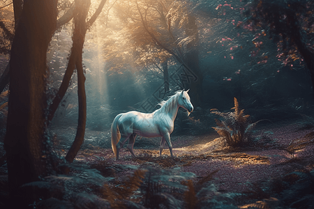 神秘森林中的白马图片