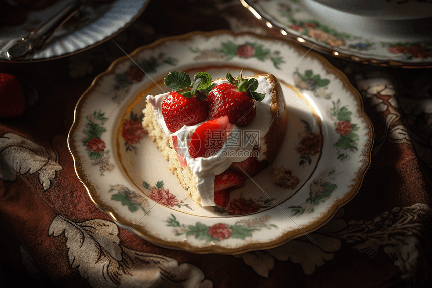 花盘上的草莓蛋糕图片