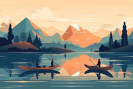 人们在美丽的湖中划独木舟图片