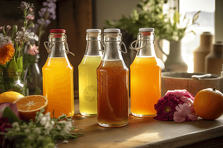 玻璃瓶中展示的各种果汁高清图片