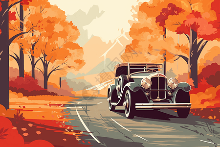 被秋叶包围的乡间小路上的老爷车图片