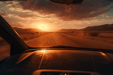 一辆自动驾驶汽车在广阔而毫无生气的沙漠中行驶，美丽的日落提供了温暖的橙色色调。以电影的感觉从低角度。图片
