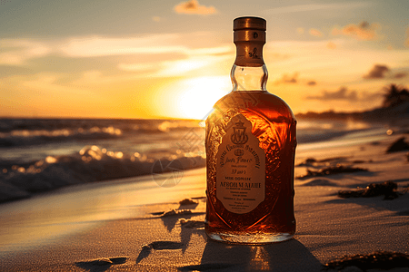 一瓶朗姆酒在白色沙滩上图片