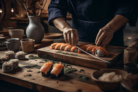 木板上寿司在木板上做寿司的背景