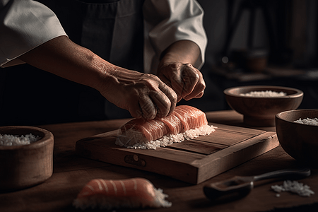 在准备新鲜的三文鱼寿司的厨师图片