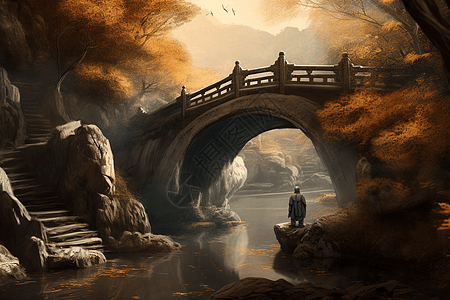 山涧石桥色彩插图图片