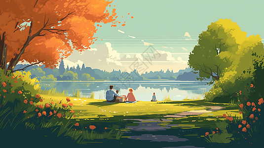 一个家庭在宁静的湖边野餐图片