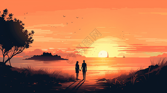 在宁静的海边漫步的情侣图片