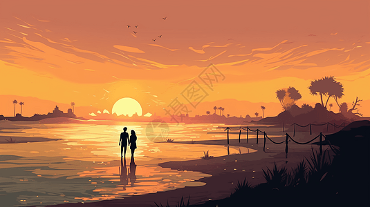 情侣在海边浪漫漫步图片