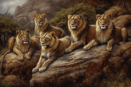 在岩石上的一群狮子图片