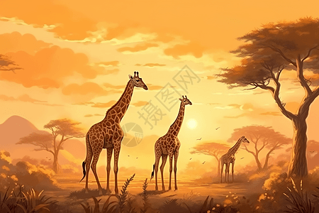 草原上的长颈鹿家族背景图片