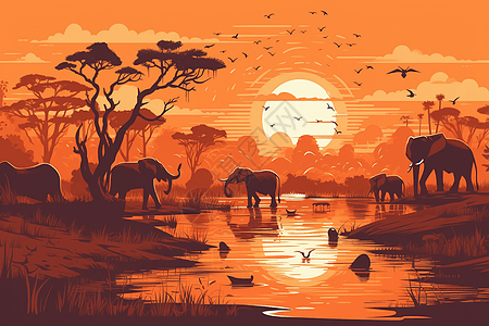 夕阳下非洲的野生大象背景图片