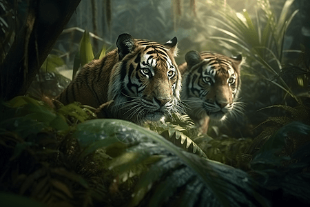 凶猛的二只老虎背景图片