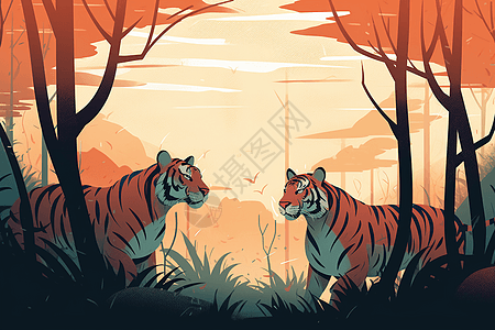 森林中的二只老虎背景图片