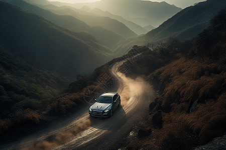 山区道路上汽车图片