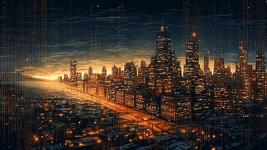 黄昏时的二进制数字城市景观图片