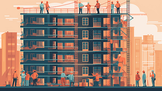 建筑工人在高层建筑平面插图图片