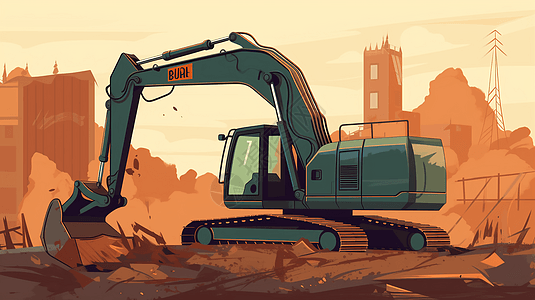 石块地面施工现场挖掘机的平面插图插画