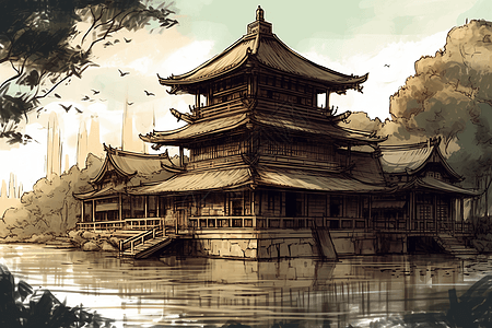 河边的寺庙楼阁图片