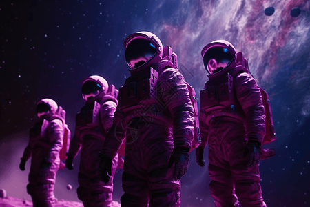 一群宇航员在紫色星云前图片