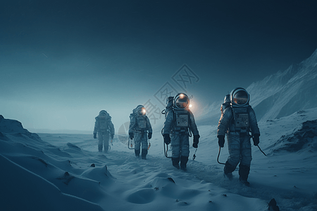一群探险家在冰冷的星球上跋涉背景图片