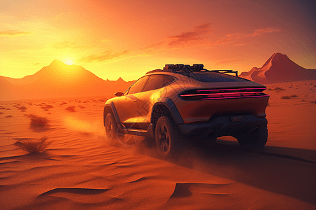 黄昏下汽车行驶在沙漠中图片
